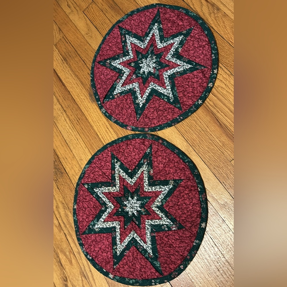 Pair Homemade PatchworkFestive Folded Star Hot Pad: Amish Pattern, ~12” diameter